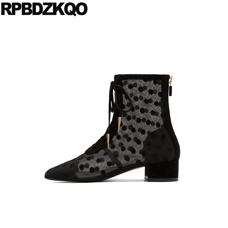 Mesh Summer Square Toe Booties Shoes Polka Dot Chunky High Quality Fall Lace Up Celebrity Sandals Women Ankle Boots Medium Heel Mesh Summer Square Toe Booties Shoes Polka Dot Chunky High Quality Fall Lace Up Celebrity Sandals Women Ankle Boots Medium Heel