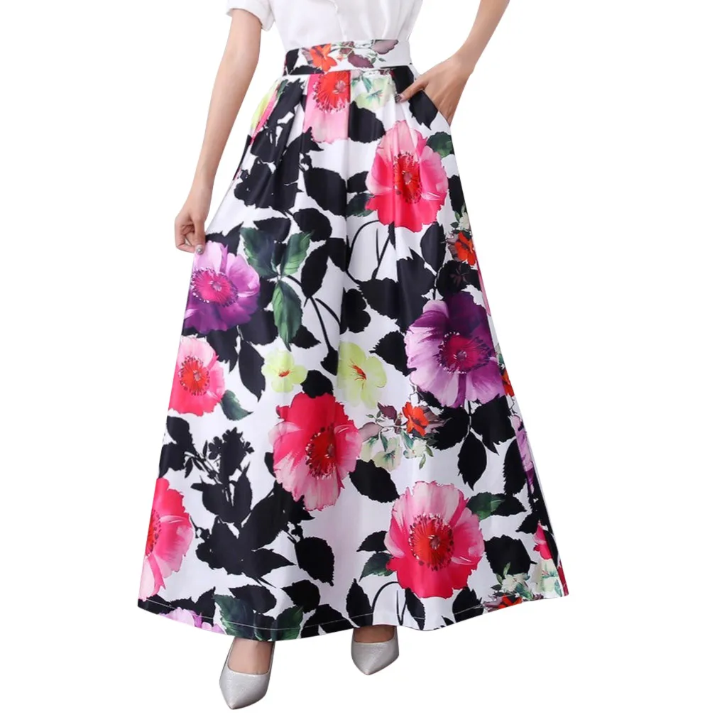 Women Ladies Spring Summer Print Fashion Faldas Skirt Retro Big Skirt Elastic Waist Vintage Skirts New Summer Faldas#F