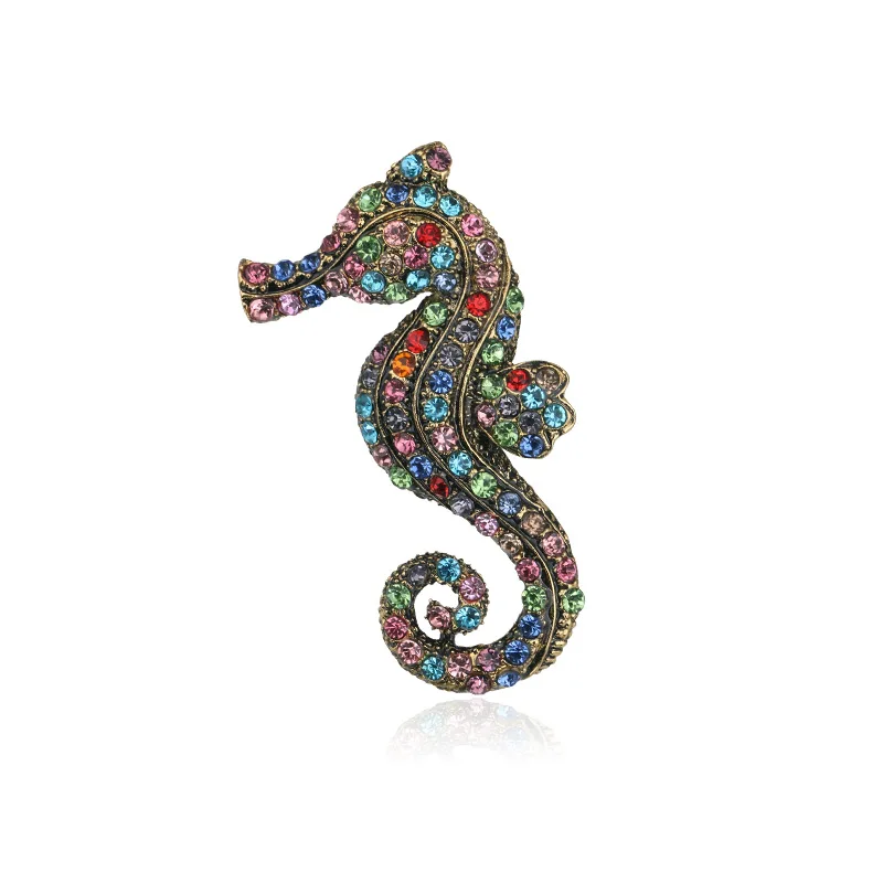 

Antique Colorful Rhinestone Seahorse Brooch Cute Sea Animal Brooches Kids Women Men Clothing Party Bag Jewelry