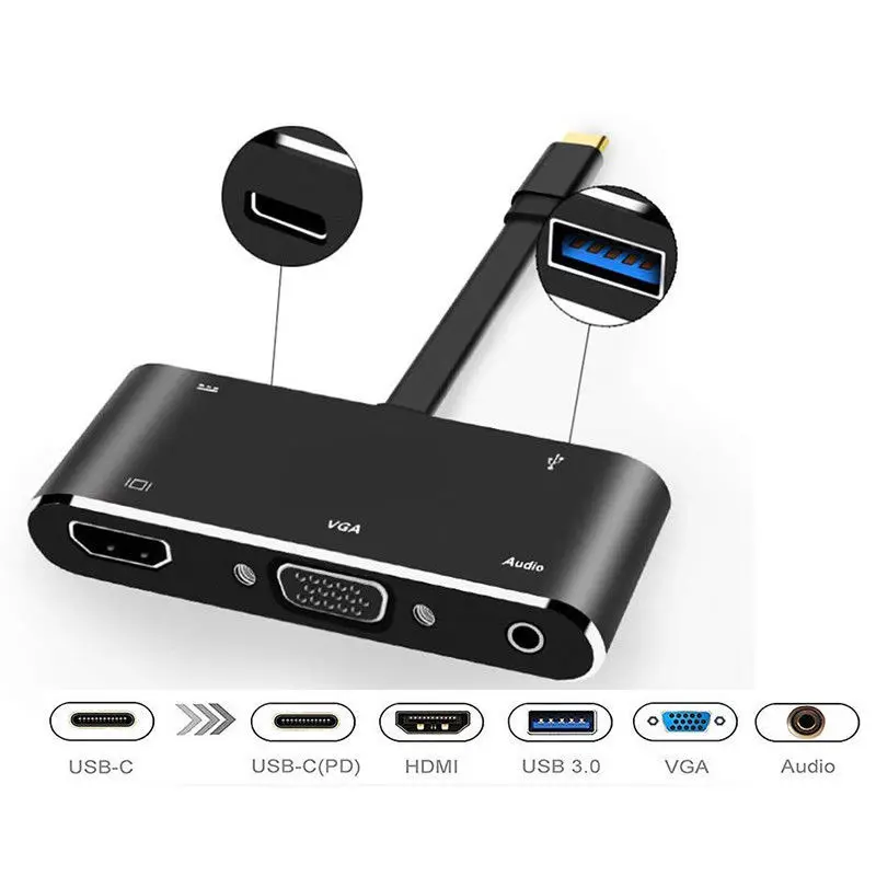 5 в 1 USB C к HDMI адаптер 4K type-C к HDMI/VGA/аудио/USB 3,0 порт+ USB C порт(PD) конвертер для ноутбука Macbook Zend переключатель