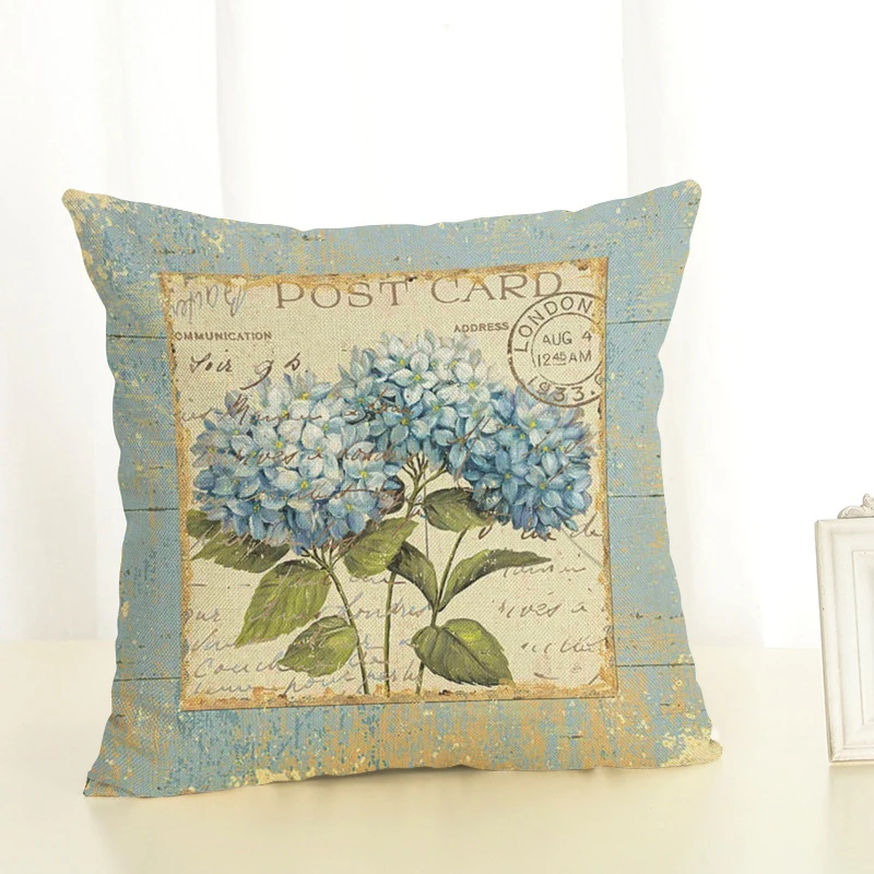 Shabby Chic Decor Printed Blue Flowers Cushion Cover 45x45cm Linen Frame Throw Pillow Covers Pillow Cases Cushions Home Decor