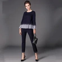 2017Autumn Fashion women twinset Stripe patchwork tops+ankle-length pants office ladies clothes set fitness plus size XXXXXL5926
