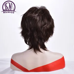Image 4 - MSIWIGS Straight Short Wigs for Women Dark Brown Synthetic Hair Wig with Bangs Ombre Hair with Highlights