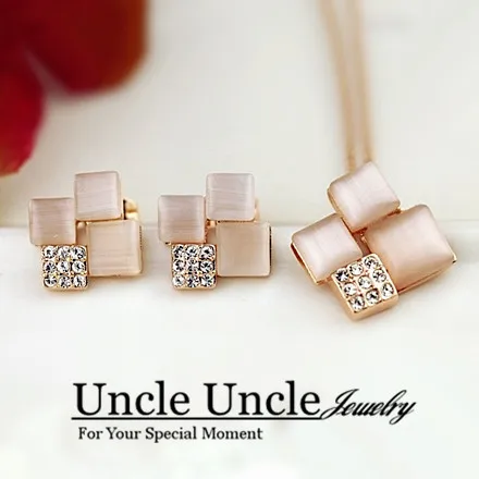 

Rose Gold Color High Quality Square Opal Inside Geometrical Element Design Lady Jewelry Set Earrings/Necklace Wholesale