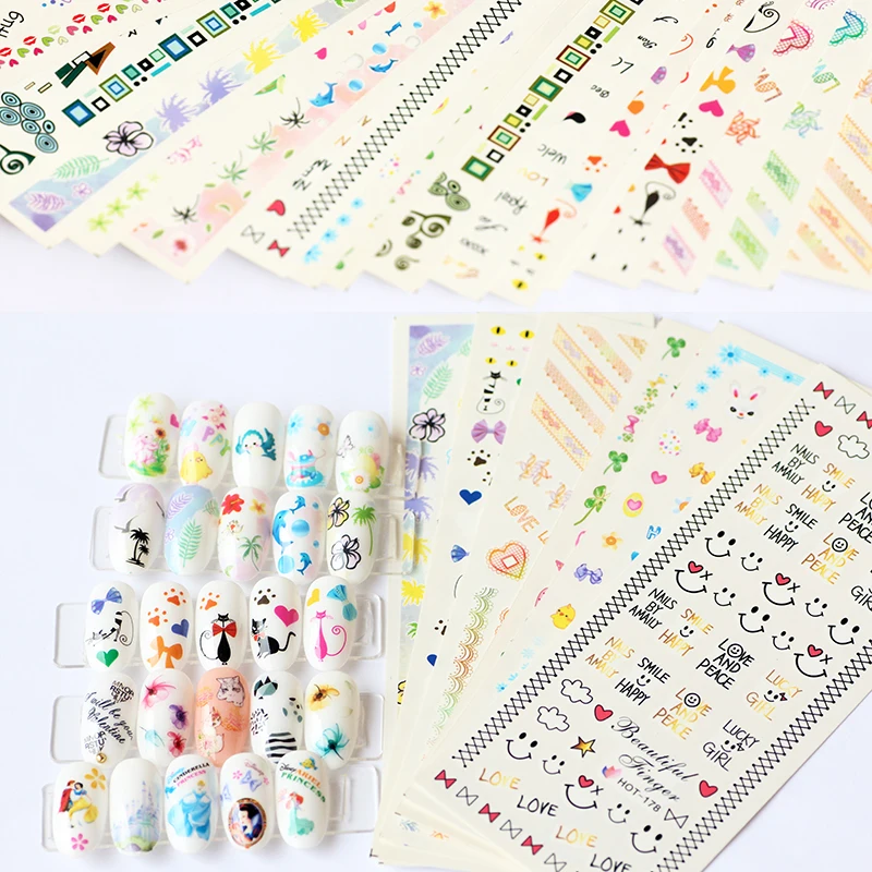 

6 Different Styles Large Nail Art Water Transfer Nail Stickers Decal Tips Dolphin Duck Cartoon Princess Coconut Tree Bow-knot