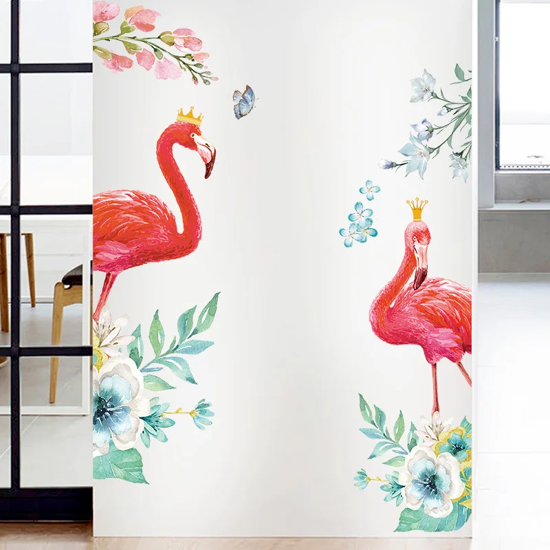 

Red Flamingo Wall Sticker Beautiful Flower Plant Butterfly Bird Decorative Decals Living Room Entrance Wardrobe Door Stickers