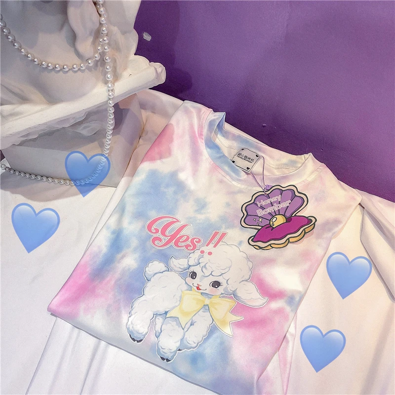 

Japanese Girls'Daily Mild Sheep Gradually Change Half Short-sleeved Ins Fire Tie-dyed Cool Girls TX6