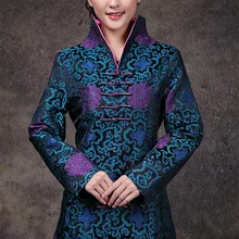 Скидка Синий китайский женский атласный длинный пиджак классический стиль v-образным вырезом Тан костюм печати однобортное пальто Размер S до 4XL