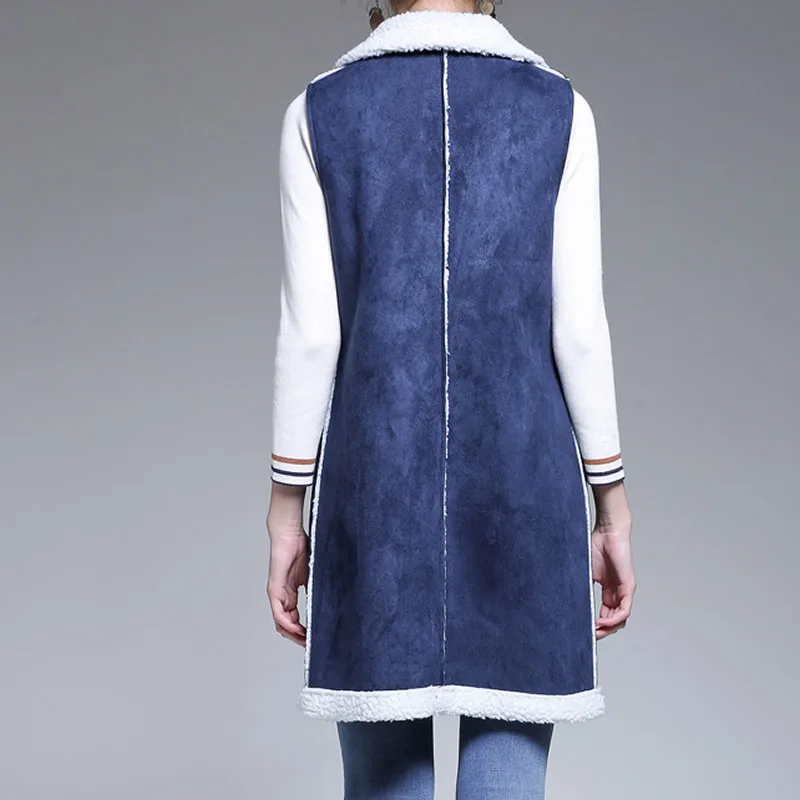 Winter Women Vest Waistcoat Women's Sleeveless Vest Jacket Long Patchwork Faux Suede Vests Coat Female Waistcoats Long Denim