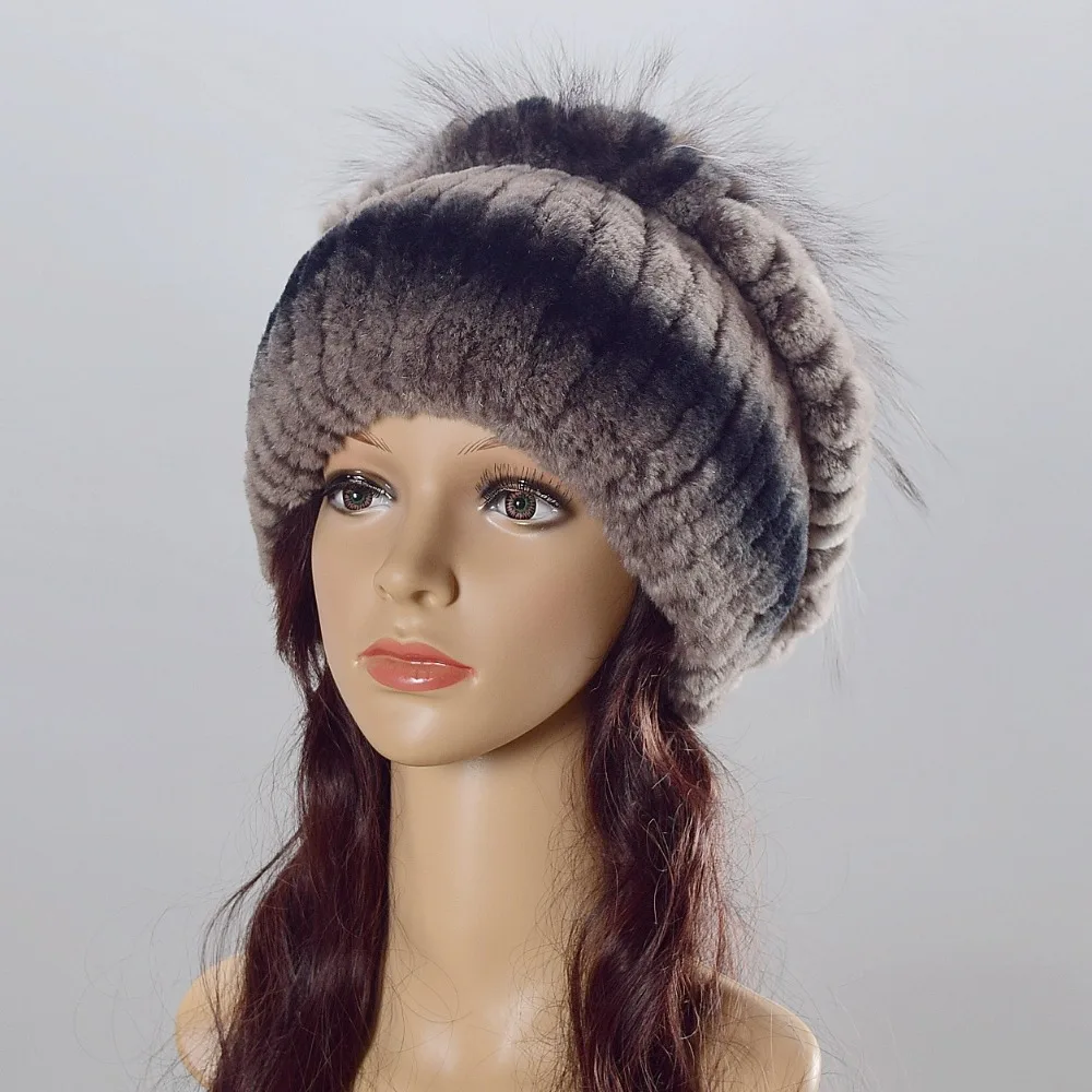 Women's Rex Rabbit Fur Beanie Hat With Pom Pom - Knit Winter Hat, One Size Fits All