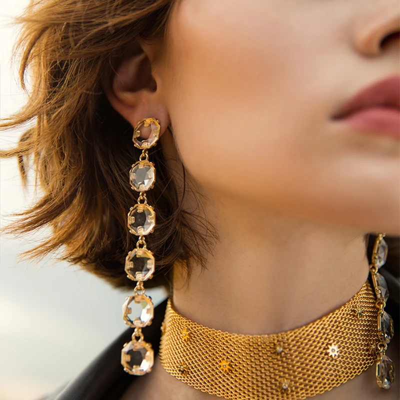 LWONG Gold Color Clear Glass Crystal Long Earrings for Women Wedding Earrings High