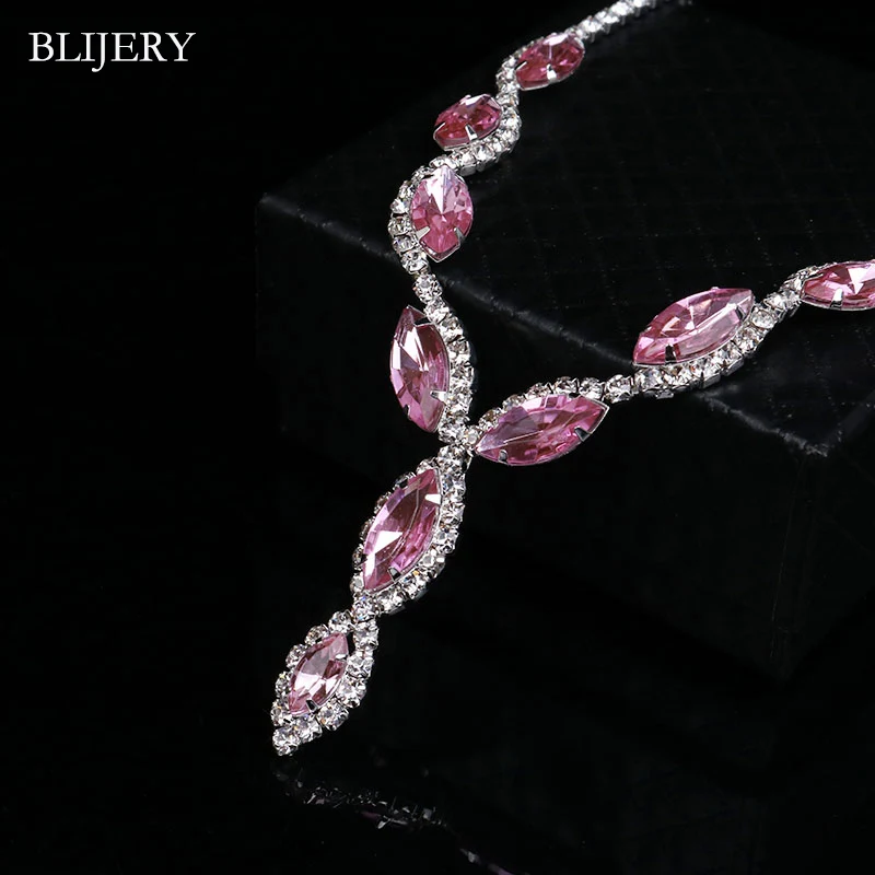 Fashion Pink Crystal Prom Wedding Jewelry Sets for Women Accessories Floral Tassel Necklace Earrings bridal jewelry sets crystal jewelry sets