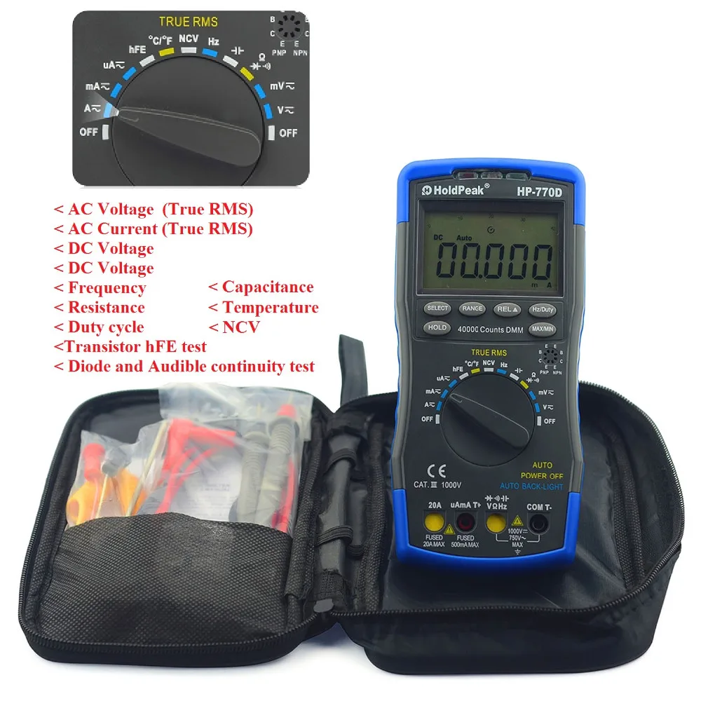 Multimeter true rms Hold Peak 770D auto range 40000 Counts Auto Power