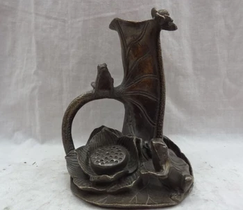 

Chinese Bronze Lotus Frog On Leaf Statue Pencil Vase Brush Barrel Pot Holder