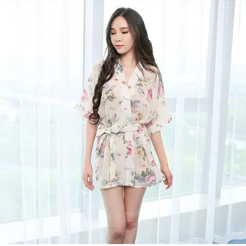 

2018 Kimono Style Printing Flower Half Sleeve Sexy Sleepwear Chemise Erotic Underwear Perspective Dress Nightwear Sleepshirt