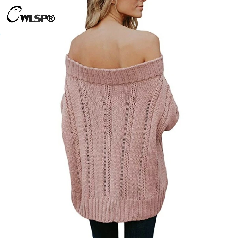 CWLSP 2018 Autumn Slash Neck Sweater For Women Keep Warm Knit Cross Long Pullover 3 Color Coat Pull Femme Loose Cloth QZ3093