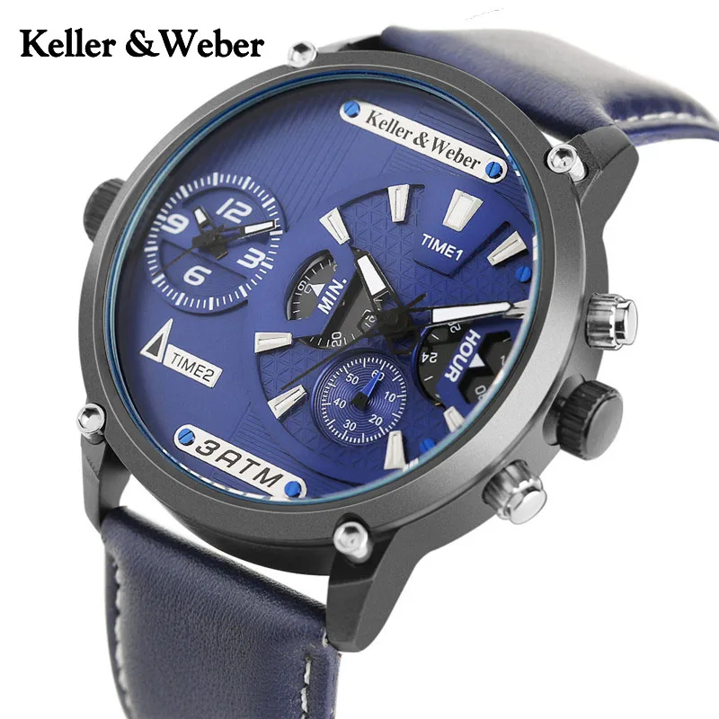 

Keller & Weber New Arrival 2018 Dual Time Zone Design Aviator Quartz Wristwatch High Quality Leather Cool Men's Watches reloj