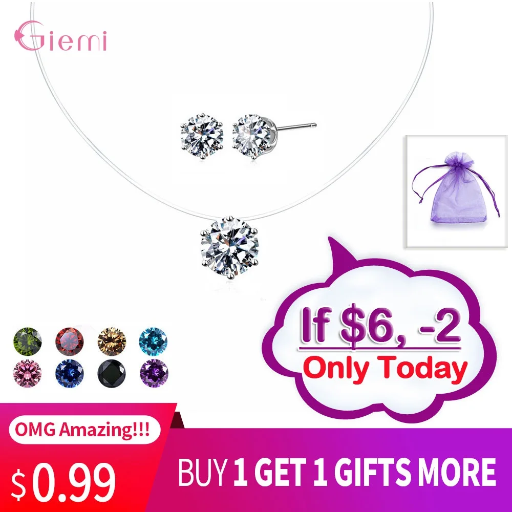 

20 Colors Cubic Zirconia CZ Stone Jewelry Sets Transparent Chain Necklaces 925 Sterling Silver Stud Earrings Jewelry Summer Gift