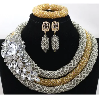 

Luxury 3 Layers Full Beads Jewelry Set Champagne Dubai Wedding African Costume Jewelry Set Free Shipping HX937