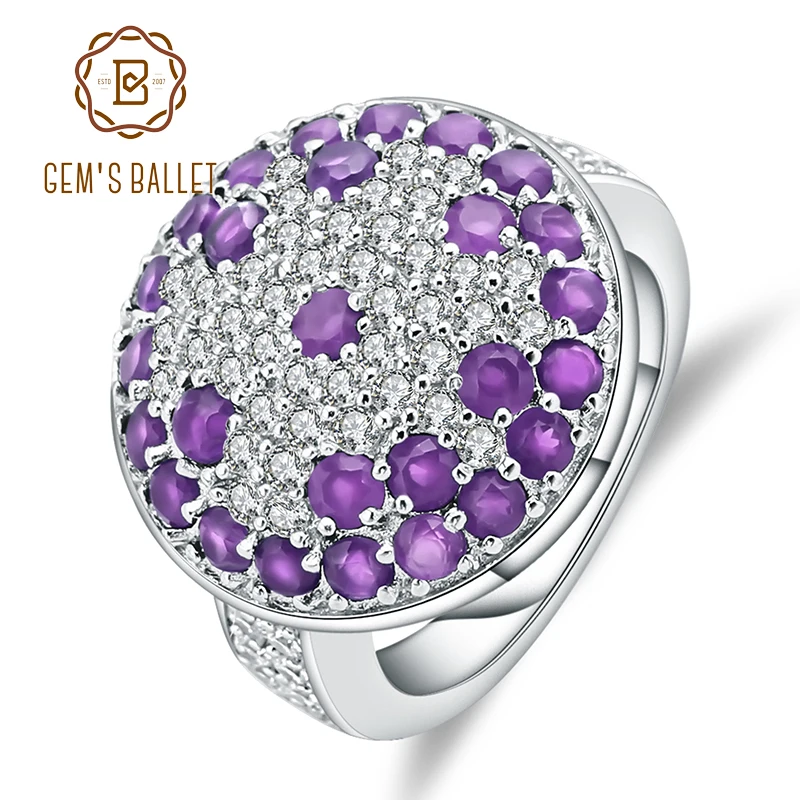 

GEM'S BALLET Natural Amethyst Flower Rings Solid 925 Sterling Silver Fine Jewelry For Women Wedding Ring