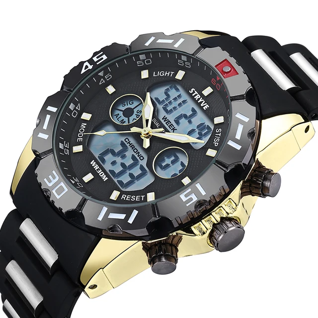 Special Offers Stryve Mens Watches Top Brand Luxury 30m Waterproof Sports Male Led Clock Military Big Dial Quartz Digital Dual Display Watches