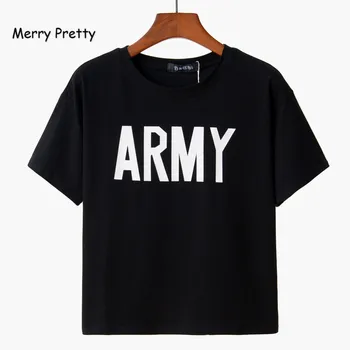 

Merry Pretty Black T shirt Women Letter ARMY Printed Short Sleeve Cotton T-shirt Femme Round Neck T-shirts Casual Basic Tee Top