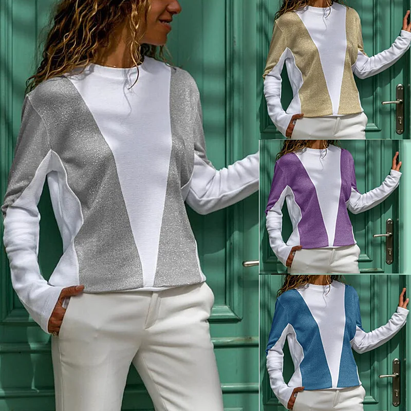 

2019 New Arrivals Fashion Long Sleeve Round Neck Patchwork Women Tshit Long Sleeve Shirt Women Women Shirts
