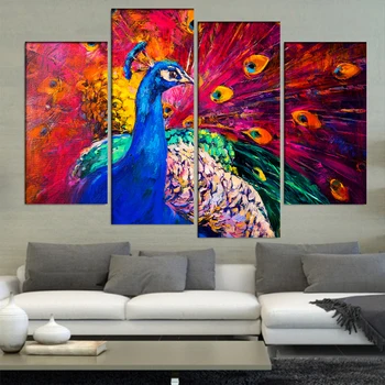 

Art Painting HD Printed Canvas Cuadros Poster Modular Framework 4 Panel Peacock For Living Room Home Decoration Wall Pictures