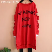 Весенняя женская футболка большого размера с длинными рукавами, черная, красная, с бусинами, с дырками, свободная, нижняя рубашка