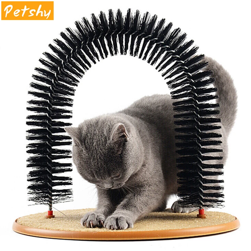 

Petshy Comfortable Cat Massager Massage Brush Plastic Wooden Scratch Bristles Arch Pet Cats Self Groomer Supplies with Catnip