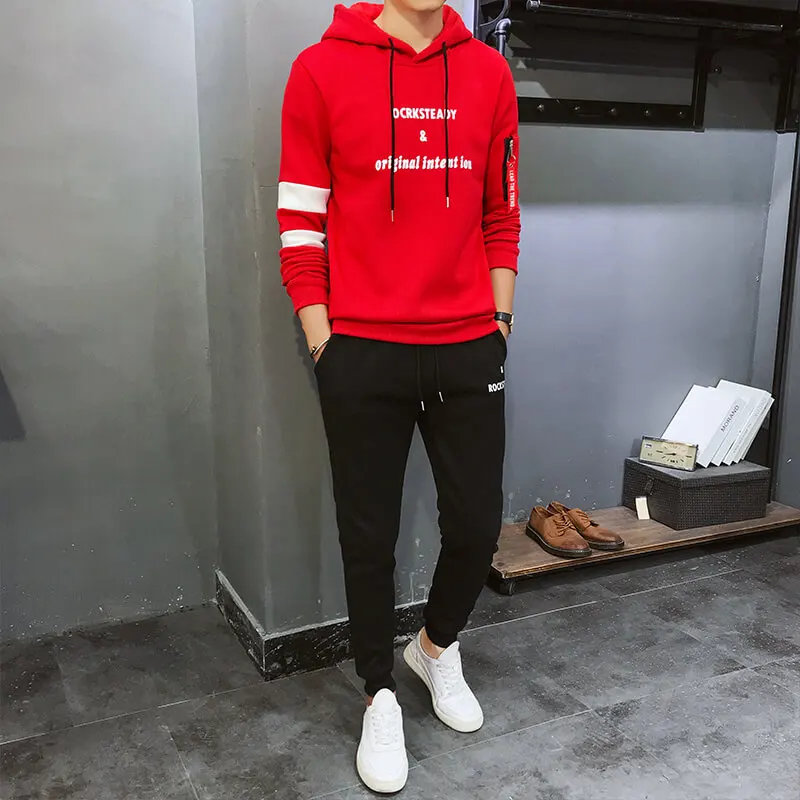 

Winter Autumn Sweat Suit Printing Patchwork Men Hoodies Sweatshirts Suit Running Casual Long Sleeve Pullover 2 Pieces Suit