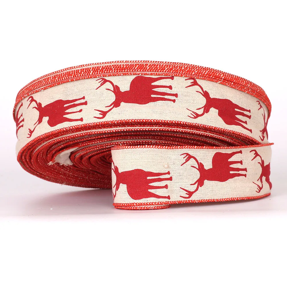 

2M Length 6.3CM Width Handmade Natural Fine Linen Christmas Wapiti Printed Ribbon Christmas Tree Decoration Crafts