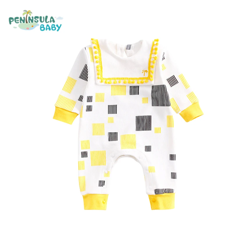 

Newborn Baby Rompers + Bibs Autumn Long Sleeve Embroidery Geometric Printed Cotton Infant Jumpsuit Baby Boy Girl Clothes 0-24M