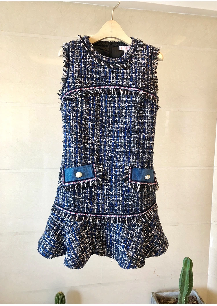 YiLin Kay Высокое качество модные дизайнерские взлетно-посадочной осень Для женщин с круглым вырезом без рукавов Тонкий платье из твида