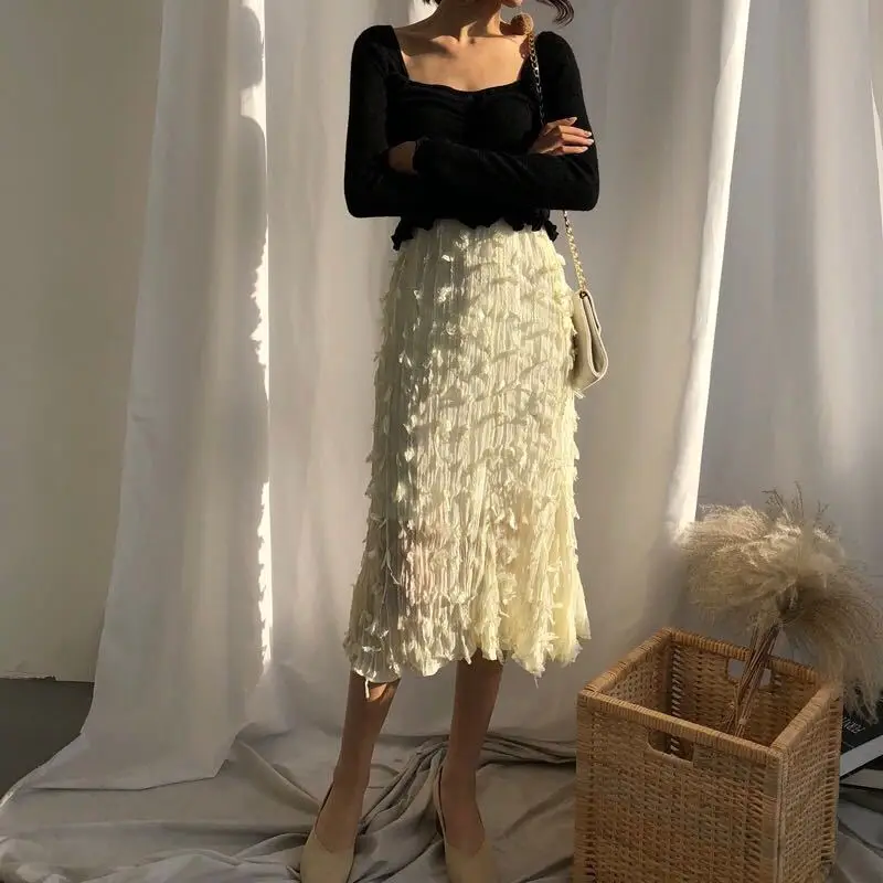 Весна, Новое поступление, плиссированная юбка с эластичной резинкой на талии, шикарный стиль Hk, милые кружевные женские юбки с цветочной аппликацией, одежда