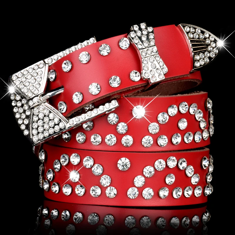 TOTRUST Red Belts for Women Marcas Belts Fashion Luxury Elegant Diamond Woman Korean Leather