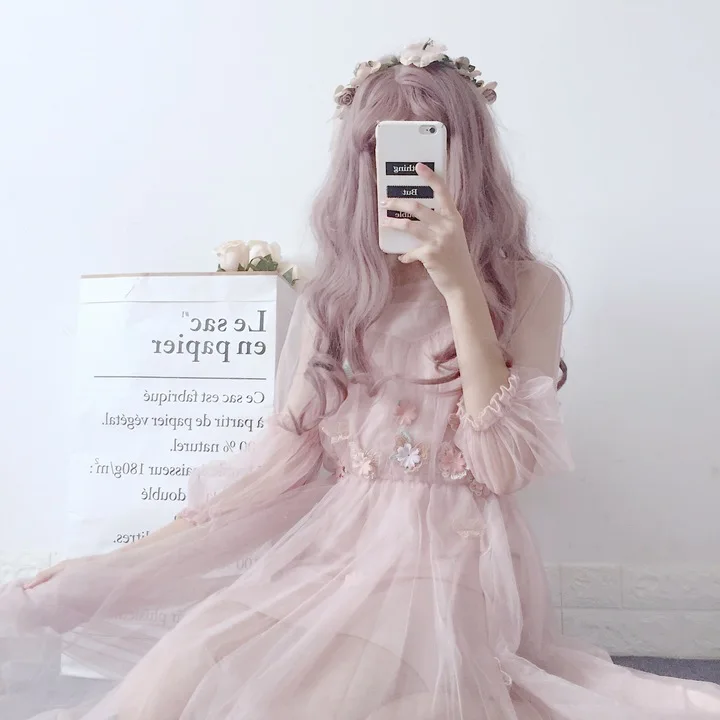 

fashion japan style loose Women's Clothing mesh lace summer sweet dress Female appliques 2 pieces puff sleeve dresses new