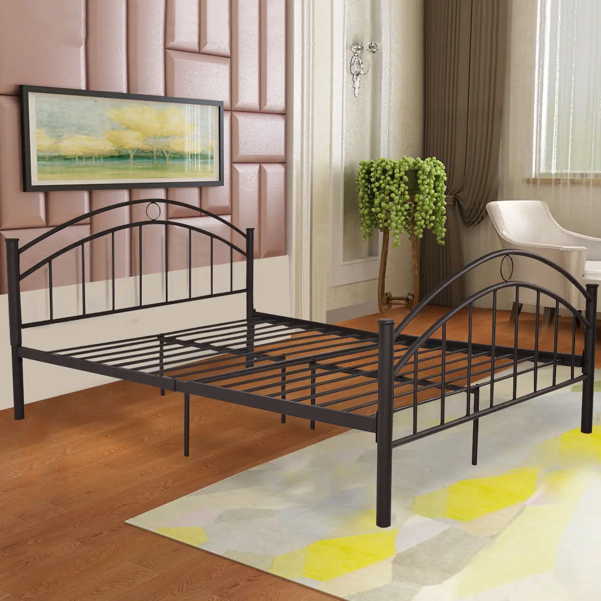 Giantex Black Queen Size Metal Steel Bed Frame Mattress Platform with Headboard Modern Bedroom Furniture HW53980+