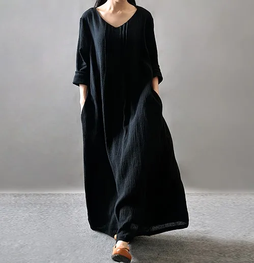 Koop 2018 Vrouwen Casual Solid lente Jurk Losse lange Mouwen V hals Button Jurk Katoen Boho Lange Maxi Jurk Plus size Vestidos
