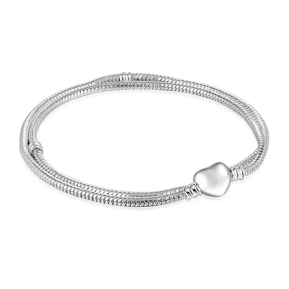 

Authenetic 925 Sterling Silver Love Heart Clasp Snake Chain Pan Necklace Fit Women Bead Charm Diy Europe Jewelry