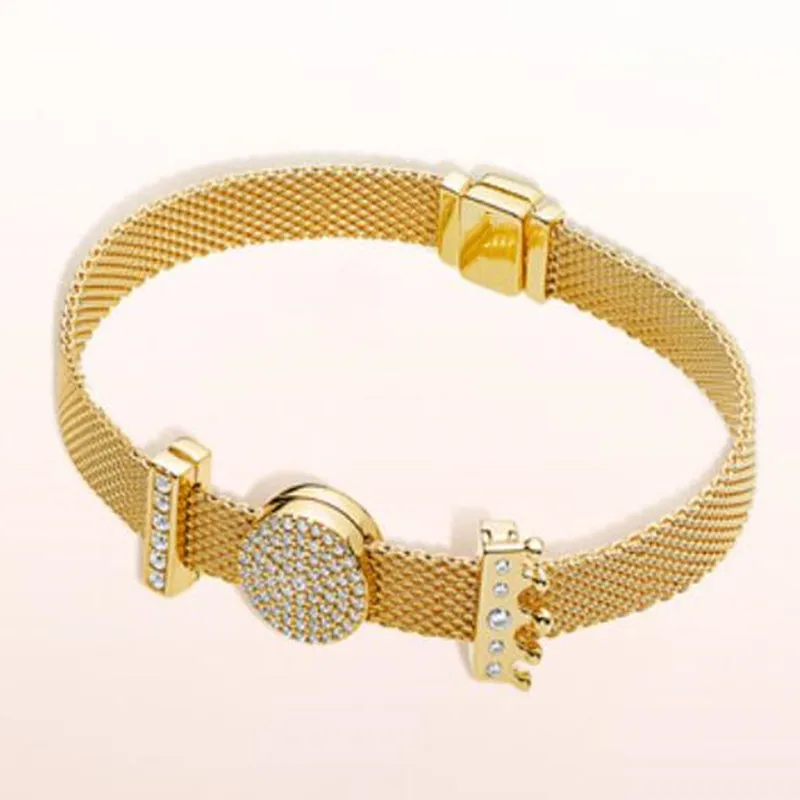 

925 Sterling Silver Bead Charm Gold Color Shine Reflexions Dazzling Elegance Clip Beads Pandora Bracelet Diy Jewelry