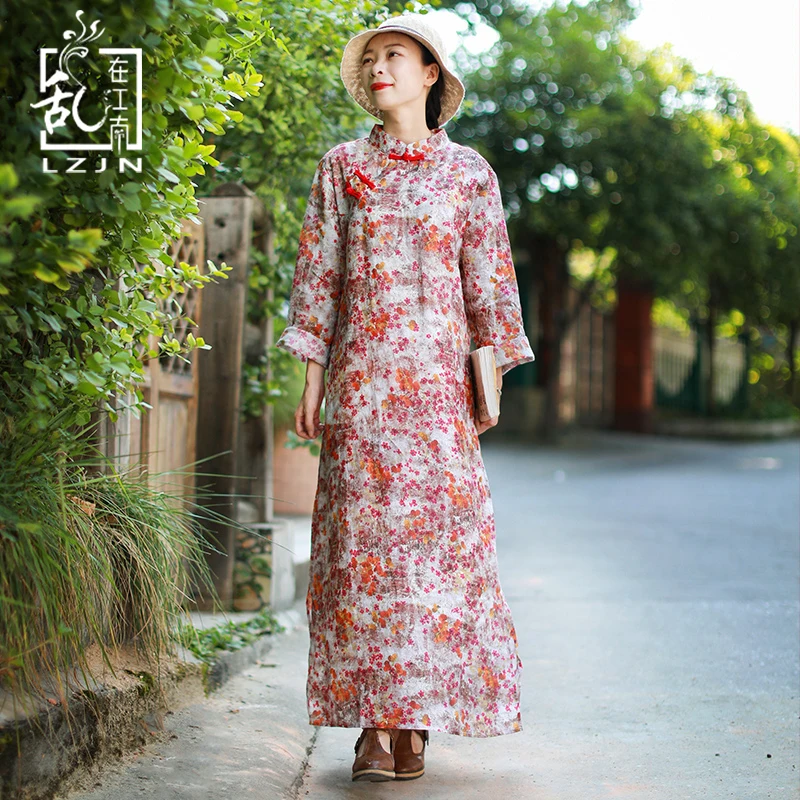 

LZJN Traditional Chinese Dress Autumn Long Sleeve Vintage Robe Femme Modern Cheongsam Floral Print Ethnic Oriental Qipao