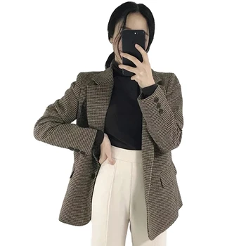 

Fashion Plaid blazers Women Spring Autumn 2019 Houndstooth Thicken Jacket Casual Tops Female Loose Woolen Suits Short Coat A2686