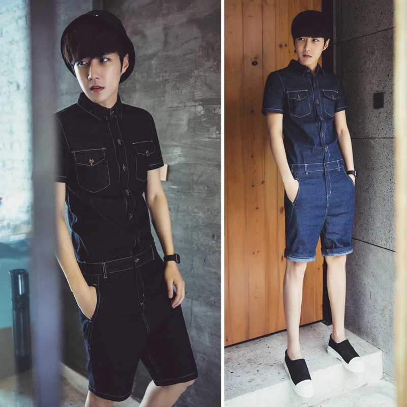2016 New male short sleeve denim jumpsuit overalls casual one piece