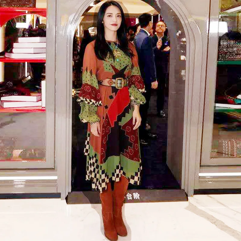 

Yao Chen Liu Jialing Star's New Spring Summer 2019 Women's Fashion Printed Irregular Edge Temperament Dresses Women Print Dress