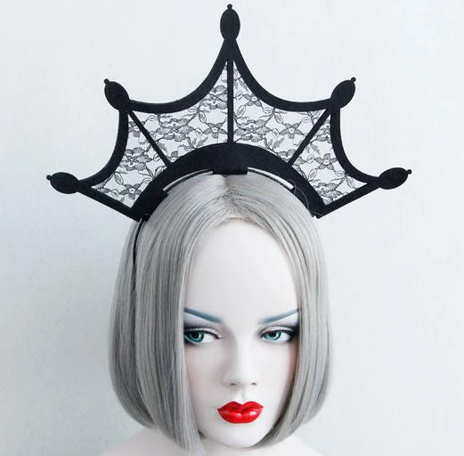 

Gothic Halloween Fashion Queen Black Lace Headbands Girl Large Tiara Crown Hairbands Woman Cosplay Party Hair Accessories