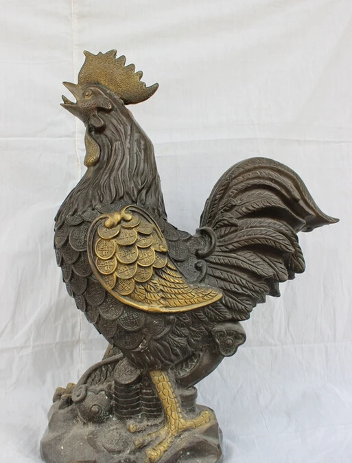 

S3575 20" Marked Chinese Bronze Copper Gilt Wealth Zodiac Coin Cock Rooster Statue D0318