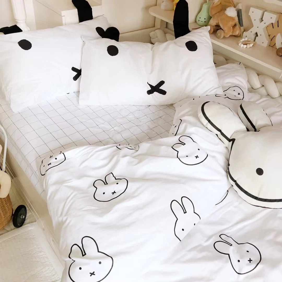 

Cotton black white rabbit sheets 3pcs / sets children's bedding set duvet cover pillowcase sheet