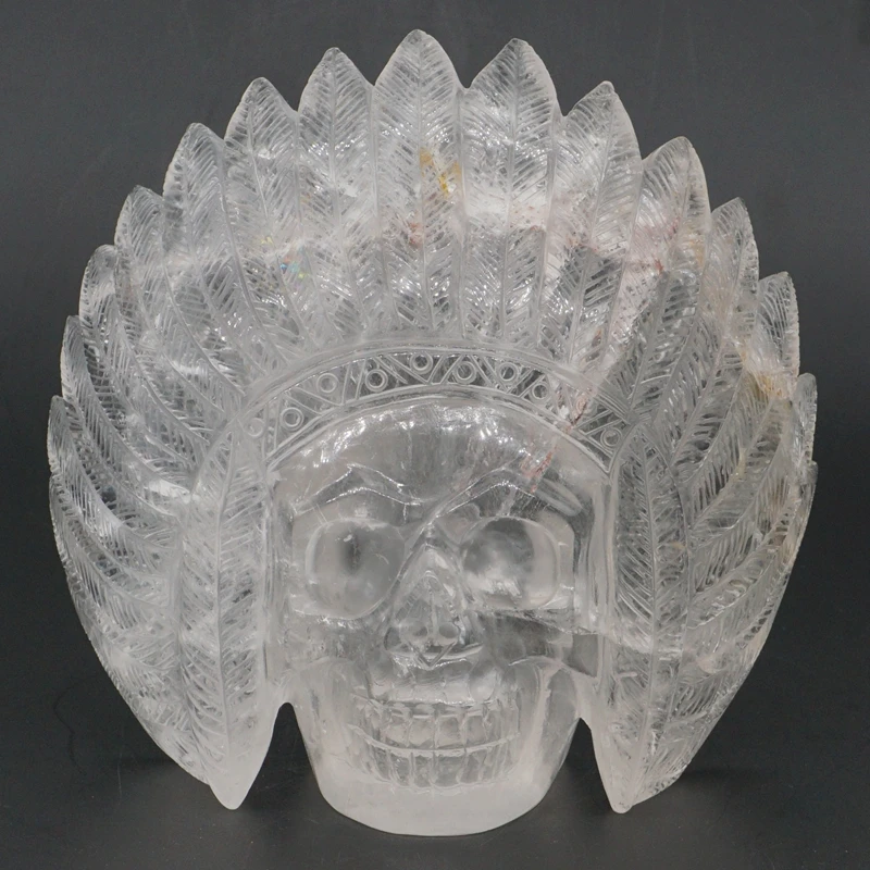 

Indians Skull Statue 4.9" Natural Gemstone Clear Quartz Crystal Carved Stone Home Decor