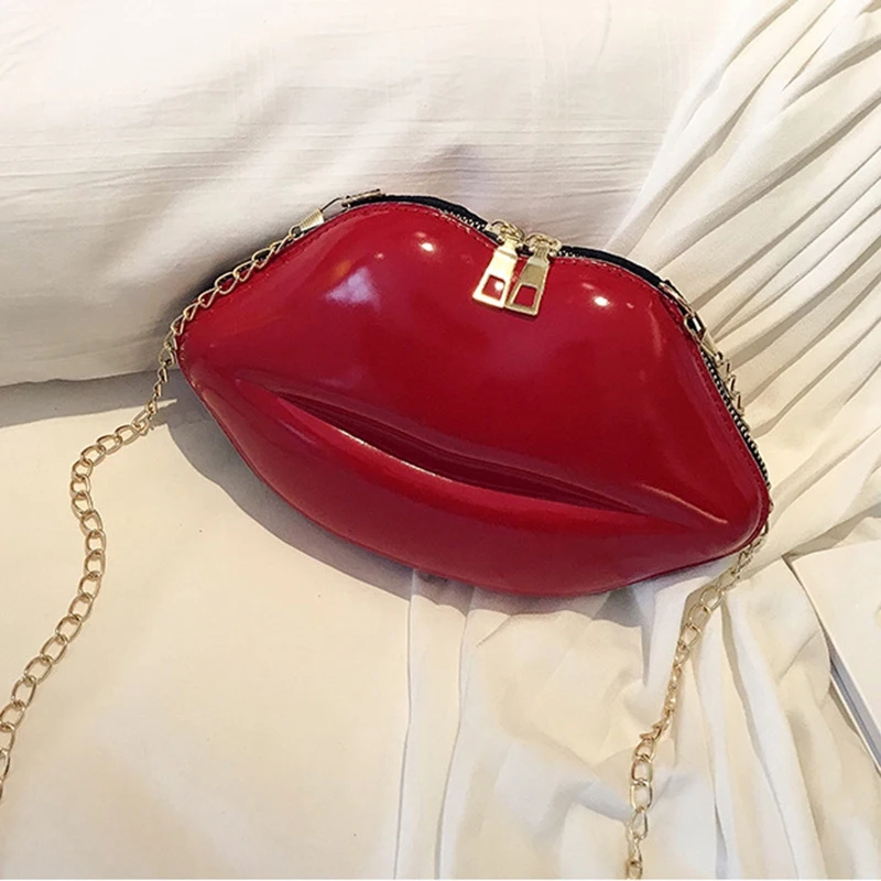 Women Red Lips Clutch Bag Ladies Pu Leather Chain Shoulder Bag Bolsa Evening Bag Lips Shape Purse